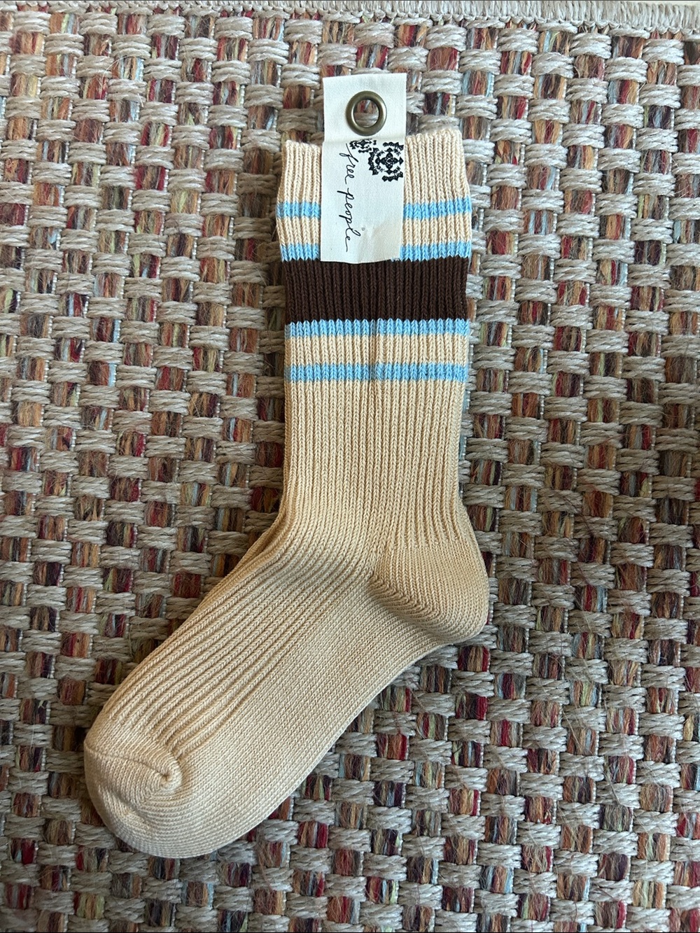 Free People Cream Crew Socks with Blue and Brown Stripe Accents